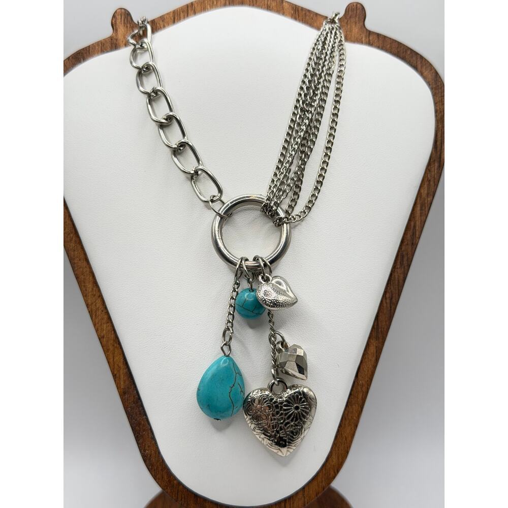 Turquoise Charm Necklace | Silver Heart Locket Statement Piece